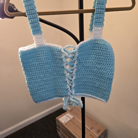 Sky Blue and White Crochet Crop Top - Picture 7 of 11